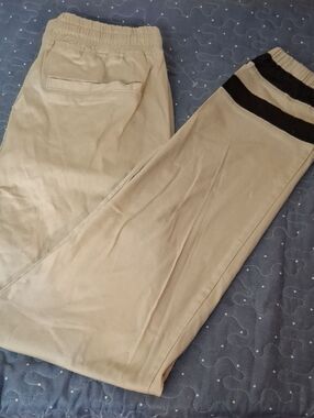 Killion Women's Casual Drawstring Pants in Khaki with Black Trim size medium